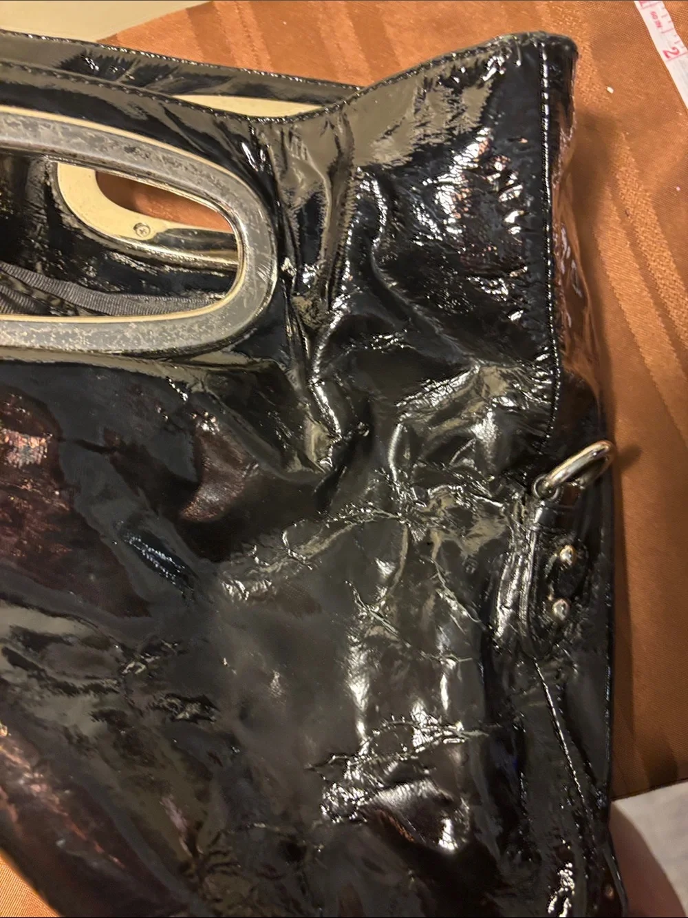 Badgley Mischka Black Crinkled Patent Leather 2Way Foldover Clutch Tote w/ Strap